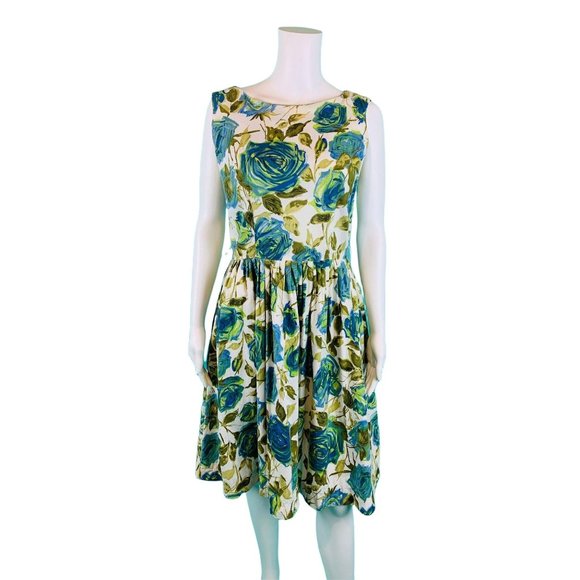 Vintage 1960s Floral Dress Blue Green Rose Print Sundress | W 30" - Picture 2 of 10